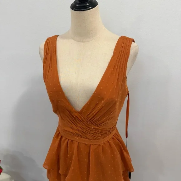 leena For Mac Duggal Burnt Orange Polka Dot Ruffle Tiered Maxi Gown - Reemoly